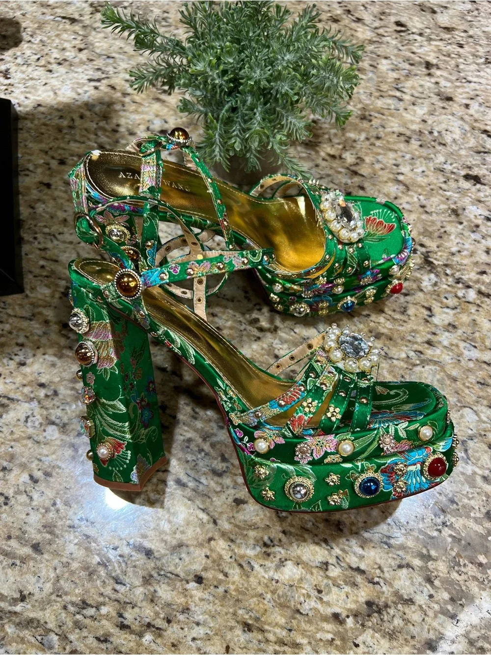 AZALEA WANG ANNIE STRAPPY EMBELLISHED CHUNKY SANDAL IN GREEN 10